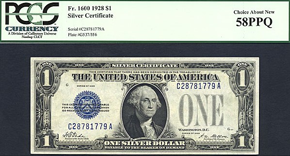 image for: Fr.1600 1928 $1  PCGS AU58 PPQ  [C28781779A]