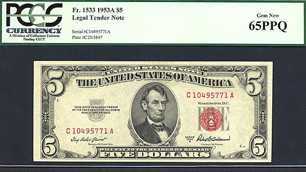 image for: Fr.1533 1953A $5  PCGS Gem CU65 PPQ  [C10495771A]