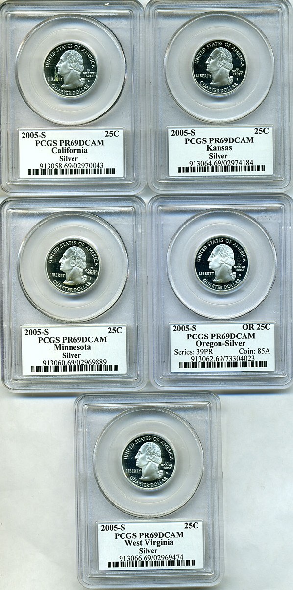 image for: 2005-S 25c State Quarters Proof Set - Silver (5 coins) PCGS Proof 69 DCameo
