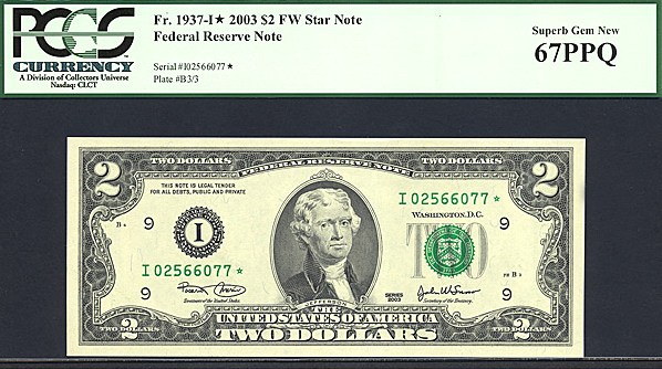 image for: Fr.1937I 2003 $2  PCGS Gem CU67 PPQ  [I02566077] *Star* 