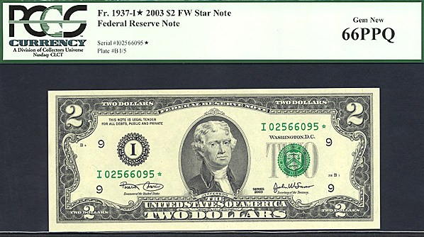 image for: Fr.1937I 2003 $2  PCGS Gem CU66 PPQ  [I02566095] *Star* 