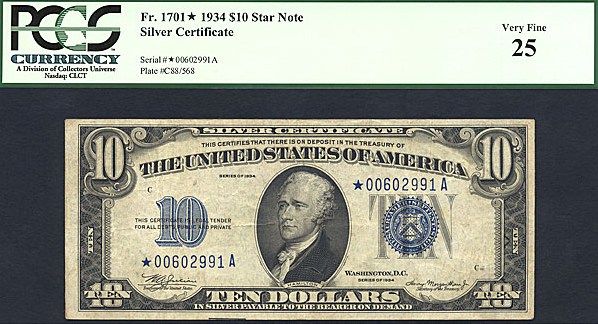 image for: Fr.1701 1934 $10 Blue Seal and Serial Numbers PCGS VF25  [00602991A] *Star* 