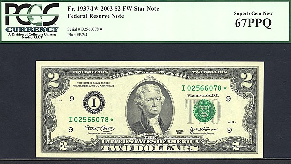 image for: Fr.1937I 2003 $2  PCGS Gem CU67 PPQ  [I02566078] *Star* 
