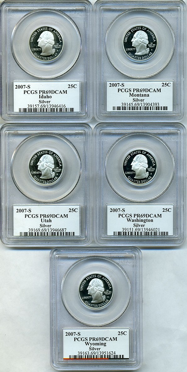 image for: 2007-S 25c State Quarters Proof Set - Silver (5 coins) PCGS Proof 69 DCameo