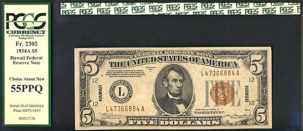 image for: Fr.2302 1934A $5 Hawaiian PCGS AU55 PPQ  [L47366884A]