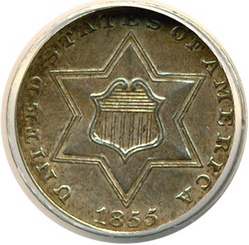 image for: 1855 3cS  ANACS AU58 Details (Repunched Date, Cleaned)