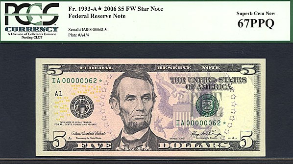 image for: Fr.1993A 2006 $5 Fort Worth, TX PCGS Gem CU67PPQ  [IA00000062] *Star - 2 Digit Serial Number*