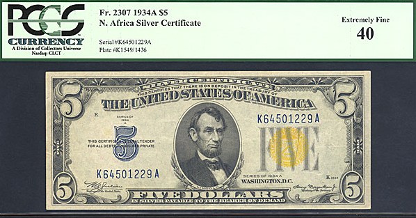 image for: Fr.2307 1934A $5 North Africa PCGS XF40  [K64501229A]