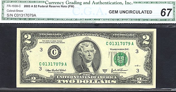 image for: Fr.1938C 2003 A $2 Ft. Worth, TX CGA Gem CU67  [C01317079A]