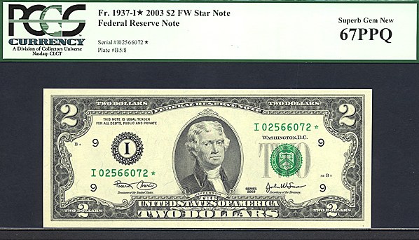 image for: Fr.1937I 2003 $2  PCGS Gem CU67 PPQ  [I02566072] *Star* 