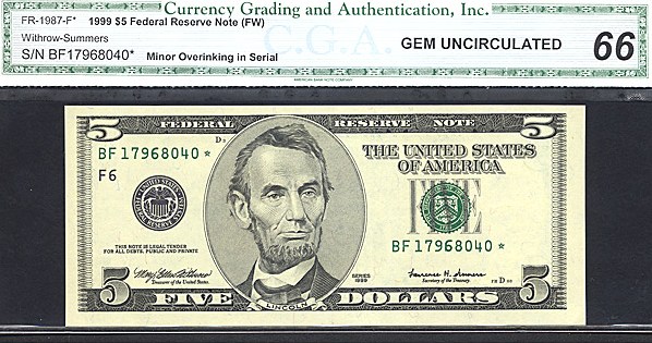 image for: Fr.1987F 1999 $5 Fort Worth, TX CGA Gem CU66  [BF17968040] *Star - Minor Overinking in Serial* 