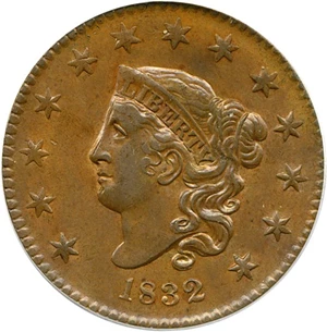 image for: 1832 1c Large Letters PCGS AU53 BN