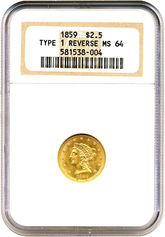 image for: 1859 $2 1/2 Type 1 Reverse NGC MS64 