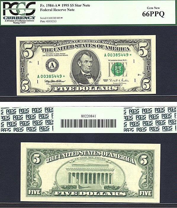 image for: Fr.1984A 1995 $5 Washington, DC PCGS Gem CU66 PPQ  [A00385449] *Star* 