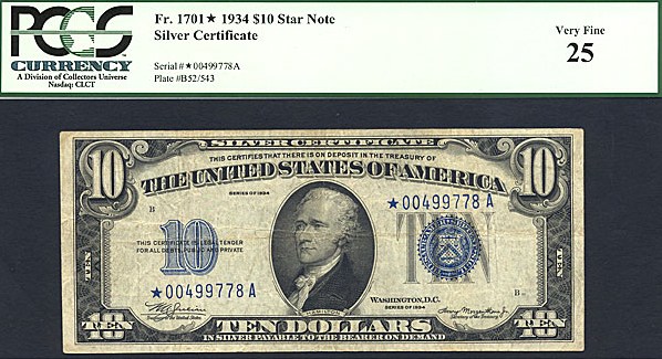 image for: Fr.1701 1934 $10 Blue Seal and Serial Numbers PCGS VF25  [00499778A] *Star* 