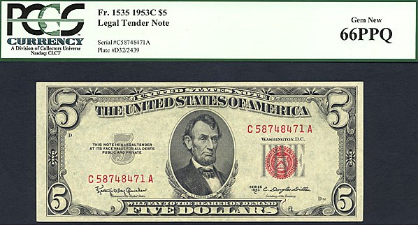 image for: Fr.1535 1953C $5  PCGS Gem CU66 PPQ  [C58748471A]