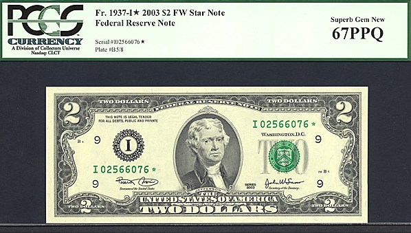 image for: Fr.1937I 2003 $2  PCGS Gem CU67 PPQ  [I02566076] *Star* 