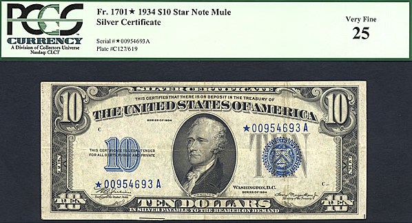 image for: 1934 * Star * $10 PCGS VF25 (Fr.1701, Mule)