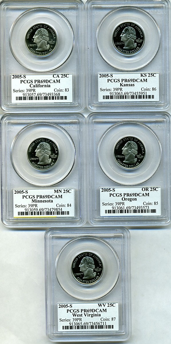 image for: 2005-S 25c State Quarters Proof Set (5 coins) PCGS Proof 69 DCameo