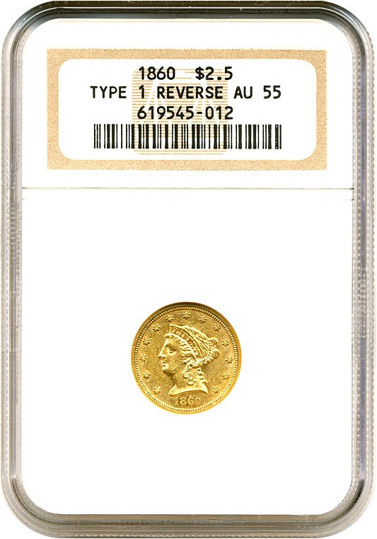 image for: 1860 $2 1/2 Type 1 Reverse NGC AU55 
