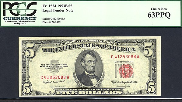 image for: Fr.1534 1953B $5  PCGS Choice CU63 PPQ  [C41253088A]