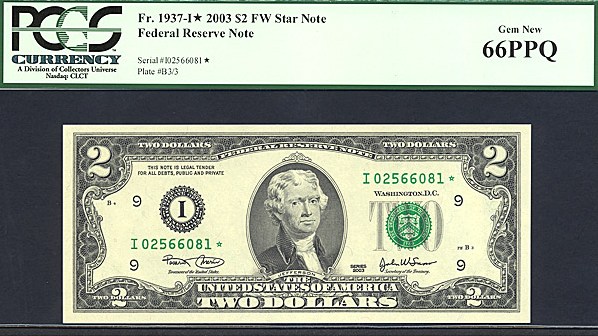 image for: Fr.1937I 2003 $2  PCGS Gem CU66 PPQ  [I02566081] *Star* 