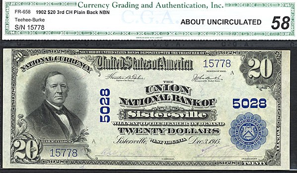 image for: Fr.658 1902 $20 Third Charter Period, 3rd Issue, Plain Back CGA AU58 #5028 West Virginia [15778]