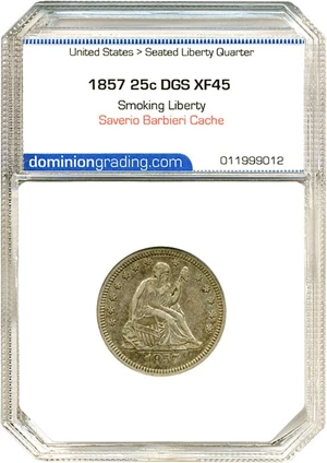 image for: 1857 25c Smoking Liberty DGS XF45 Ex: Saverio Barbieri