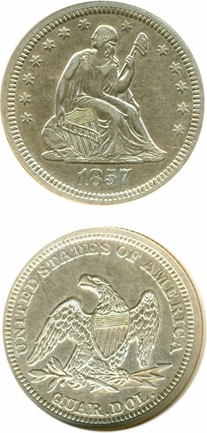 image for: 1857 25c Smoking Liberty DGS AU50 (Cleaned, Lightly Scratched) Ex: Saverio Barbieri