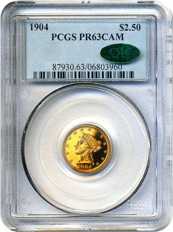 image for: 1904 $2 1/2  PCGS/CAC Proof 63 Cameo