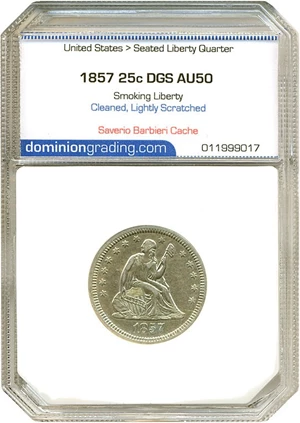 image for: 1857 25c Smoking Liberty DGS AU50 (Cleaned, Lightly Scratched) Ex: Saverio Barbieri