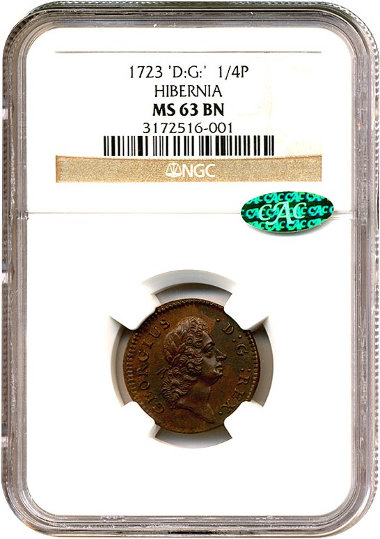 image for: 1723 Farthing Hibernia, D:G:REX NGC/CAC MS63 BN