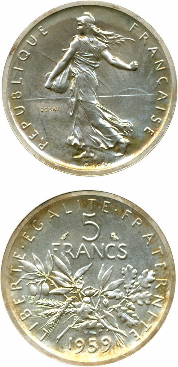 image for: France: 1959 5 Fr KM-PE326 Silver with Essai NGC MS67 Piefort