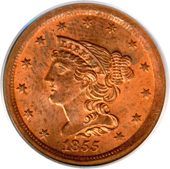 image for: 1855 1/2c  PCGS MS63 RD