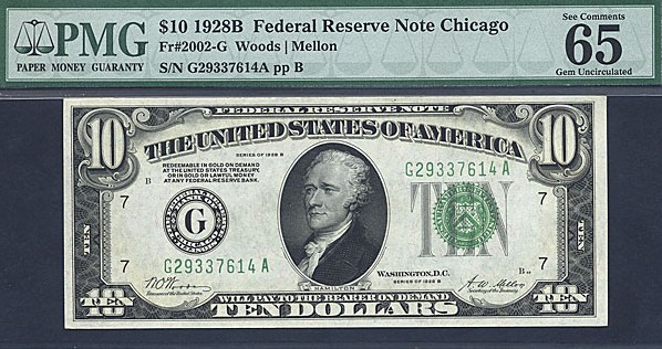 image for: Fr.2002G 1928B $10  PMG Gem CU65 EPQ [G29337614A]