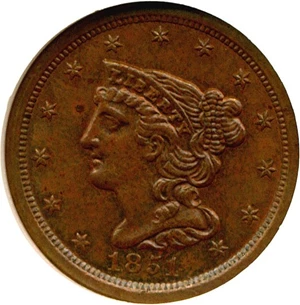 image for: 1851 1/2c NGC MS63 BN (C-1)