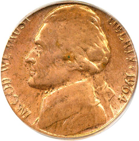 image for: Mint Error: 1964-D 5c  PCGS MS62 RD - Struck On Cent Planchet