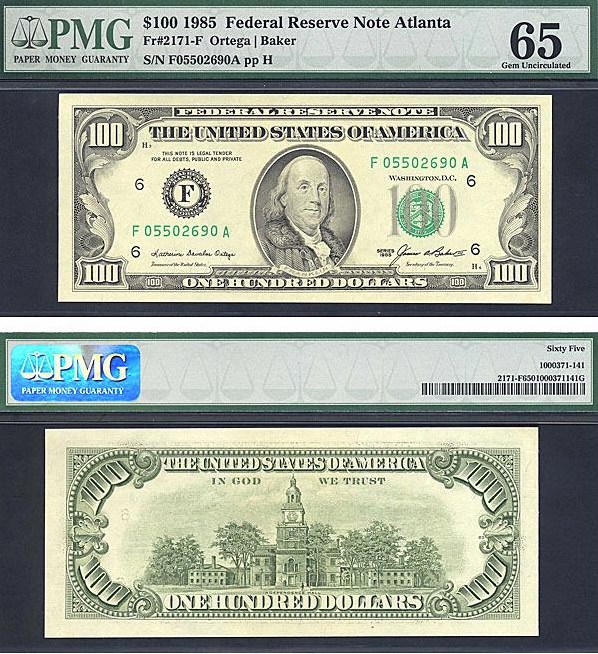 image for: Fr.2171F 1985 $100  PMG Gem CU65  [F05502690A]