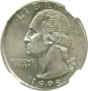 image for: Mint Error: 1998-P 25c NGC MS64 - Struck On 5c Planchet 5.0 Grams