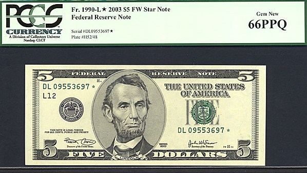 image for: Fr.1990L 2003 $5 Ft. Worth, TX PCGS Gem CU66 PPQ  [DL09553697] *Star* 