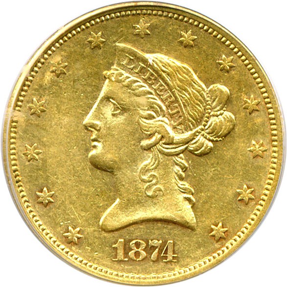 image for: 1874-S $10  PCGS AU50