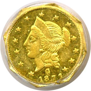 image for: Cal Gold: 1871 $1 PCGS MS62 (BG-1109)