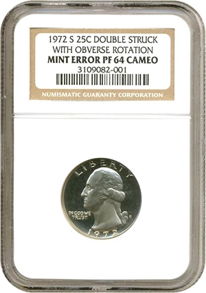image for: Mint Error: 1972-S 25c NGC Proof 64 Cameo - Dbl. Struck w/ Obv. Rotation
