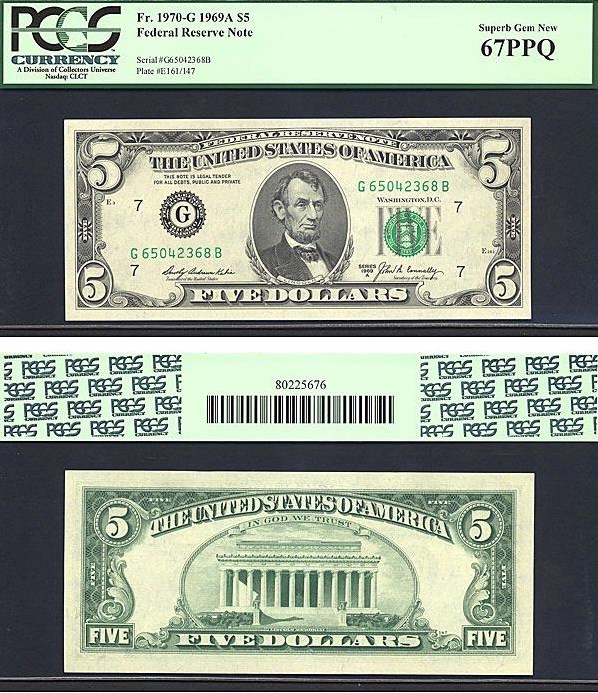 image for: 1969A $5 PCGS Gem CU67 PPQ  (Fr.1970G)
