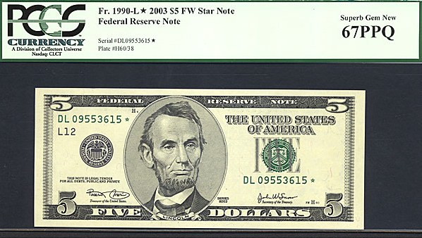 image for: 2003 $5 Ft. Worth, TX PCGS Gem CU67 PPQ  [DL09553615] (Fr.1990L *Star*) 