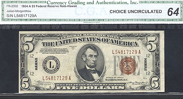 image for: Fr.2302 1934A $5 Hawaiian CGA Choice CU64  [L54817129A]