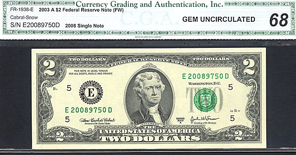 image for: Fr.1938E 2003 $2 Ft. Worth, TX CGA Gem CU68  [E20089750D]