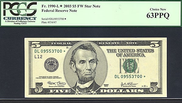 image for: Fr.1990L 2003 $5 Ft. Worth, TX PCGS Choice CU63 PPQ  [DL09553700] *Star* 