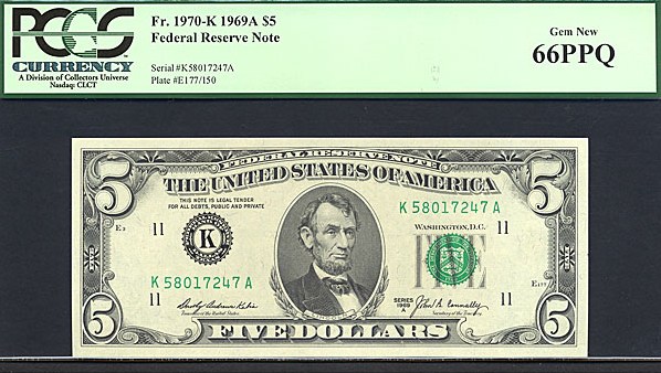 image for: Fr.1970K 1969A $5 Dark Green Seal PCGS Gem CU66 PPQ [K58017247A]
