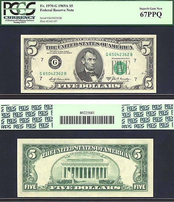 image for: 1969A $5 PCGS Gem CU67 PPQ  (Fr.1970G)